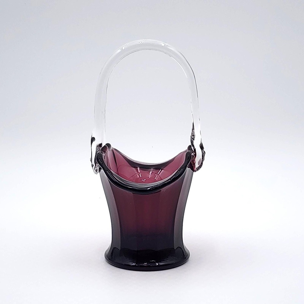 Mosser Amethyst Purple Glass Mini Basket Clear Handle Embossed M 7.5in Repaired - Picture 2 of 12